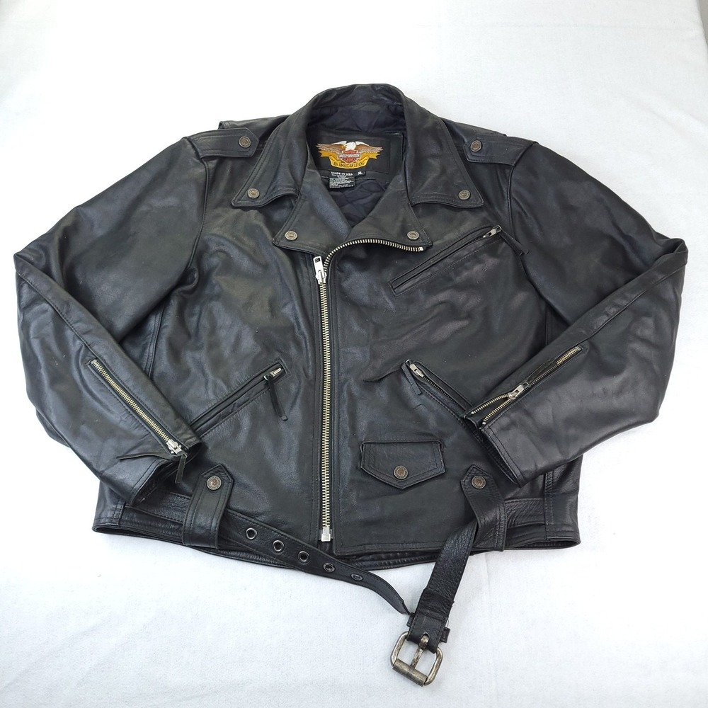 Harley Davidson Made In USA Classic Black Leather Motorcycle Jacket Men's XL